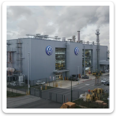 Realistic Volkswagen factory exterior, large industrial building with Volkswagen logo, parking lots filled with cars, factory grounds with machinery and equipment, realistic lighting and shadows, industrial atmosphere, workers in uniforms walking around, camouflage colors sticker