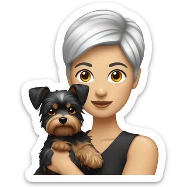 White lady with short black hair holding a Yorkie  sticker
