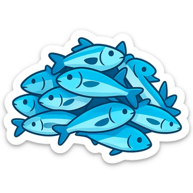 Create a large pile of blue fish in emoji style, variation 3. The image should resemble apple style emojis with concise details and vibrant blue colors, with a distinct variation in arrangement or shading from the previous versions. sticker