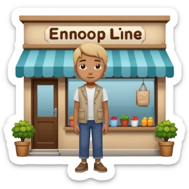 grown  2D line-drawn character + small shop sticker