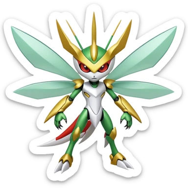 Cute Cool Edgy Shiny Futuristic Ethereal Legendary Kartana-Digimon-Scizor-hybrid full body sticker