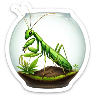 Close-up of home insects in a terrarium, showcasing beetles, praying mantises, and other exotic species in vivid detail, with natural textures of the terrarium. Soft lighting highlights their features. Transparent background. sticker