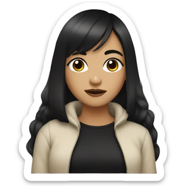 girl, long hair, black hair, bangs, fashionable, wearing black, light skin, looks mean sticker