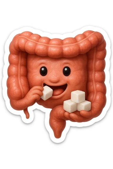 emoji stile iphone di un intestino anatomico che mangia zollette di zucchero, iperrealistico 4k, isolato su sfondo bianco sticker