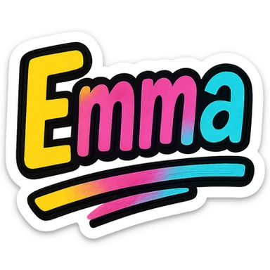 Emma name in modern colorful gradient font with dark outline, dynamic slanted or partial underline, in the style of reference patterns sticker