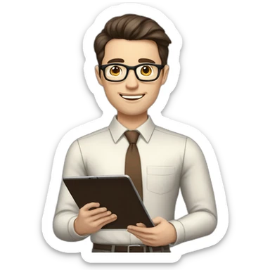 Pale skinned fit man with dark brown hair in gray jacket, beige office shirt, brown tie, brown pants and vintage glasses Writing on the tablet sticker