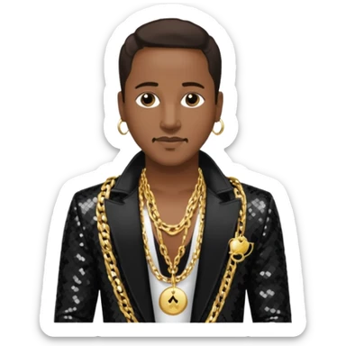 Johnny Gill with dark brown hair, black sequin jacket, shirtless with necklace sticker