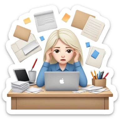 tired woman at a desk with a MacBook, surrounded by messy papers, emphasizing disorganization sticker