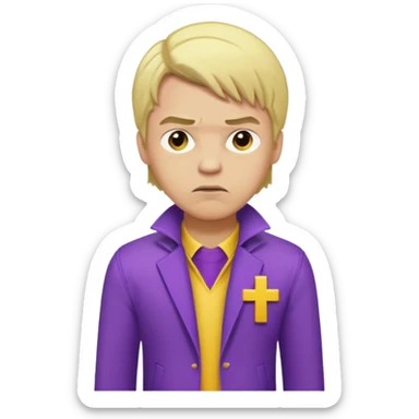 Create A Guy Wearing Light Skin Blond Hair Yellow Cross Purple Jacket Purple Pants And Mad Face sticker
