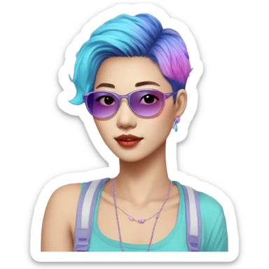 a short-haired Taiwanese lesbian as a designer with vaporwave style, without makeup, with earings, sunglasses with vaporwave image on it. sticker