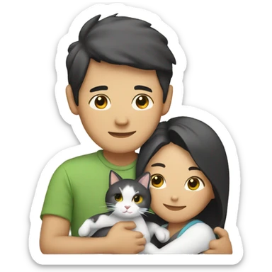 asian couple hugging with a cat sticker