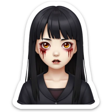 zombie girl asian with bangs black and long hair black sticker
