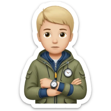 Boy in fishing suit looking at his wristwatch sticker