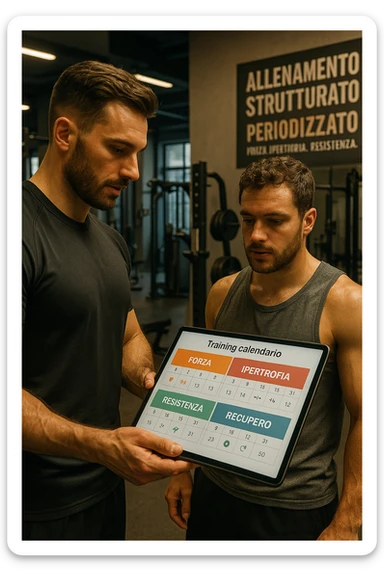 realistic cinematic photo a personal trainer and a client stand in a modern gym, reviewing a large, color-coded training calendar or chart on a tablet. The calendar shows different phases (Forza, Ipertrofia, Resistenza, Recupero) with icons and dates. Around them, gym equipment and motivational posters reinforce the idea of structured, periodized training. in italiano sticker