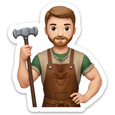 Emoji portrait of a Celtic blacksmith. Work clothes, muscular arms, holding a hammer and wearing a leather apron. sticker