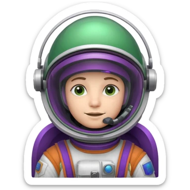 An astronaut wearing a cowboy's hat on his helmet, green and purple accents for the space suit sticker