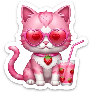 A bubblegum pink kitten with heart-shaped sunglasses, sipping a strawberry soda, surrounded by sparkles and summer vibes. sticker