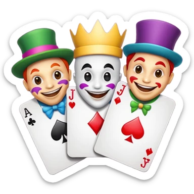 3 poker cards, with crazy colorful human jolly jokers inside sticker