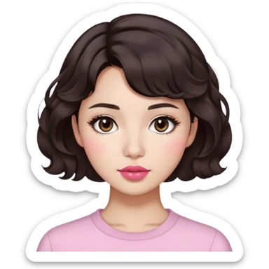 woman, aesthetic Pinterest look, short wavy dark brown hair, morena skin, round nose, slightly dark pink lips, Korean haircut sticker