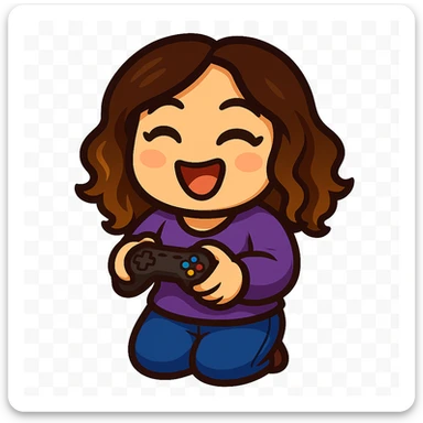 Sticker style chibi emote, matching the attached green heart emote as a base, but with a slightly skinnier body and a bigger chest. Woman from reference, purple sweater and blue jeans, holding a game controller in a gaming pose, cute excited face, no headband, no wand, transparent background. Top color should not match jeans. sticker