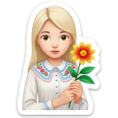 Ukrainian young girl in white embroidered shirt holding colored paper and a flower sticker