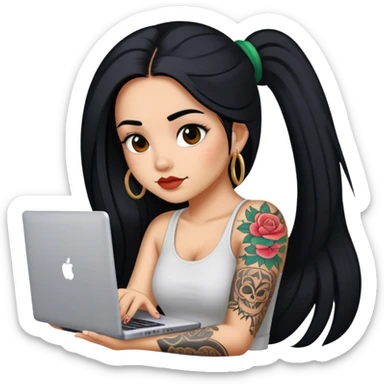 beautiful girl, with arm tattoos, with long straight black hair, wavy hair, mexican, with laptop sticker
