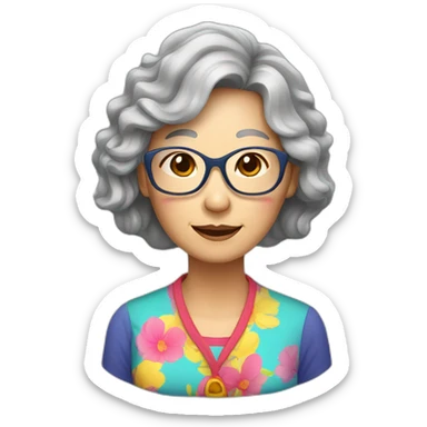 Chinese senior lady with long hair wavy hair with glasses with colorful top sticker