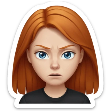 Ginger head woman with long hair and lightblue eyes, straight nose, almond eyes, black shirt. She is angry  sticker