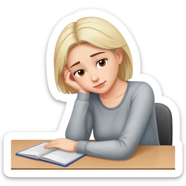 Tired woman with slight smile leaning head on one hand, elbow on desk sticker