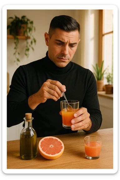 A realistic, warm-toned photo-style image of a man in his kitchen preparing a liver and gallbladder flush. On the counter, there is a small glass bottle of high-quality extra virgin olive oil with a rich green hue, and a freshly cut pink grapefruit with a small glass of its juice next to it. The man, in his mid-30s, looks focused and slightly apprehensive as he mixes the olive oil and grapefruit juice in a clear glass, preparing to drink it as part of a natural gallbladder cleanse. The background is clean, bright, and minimalist with wooden countertops, green plants, and sunlight coming through the window, giving a sense of natural health practices. The mood conveys a realistic moment of alternative health care, illustrating the preparation and intention for a natural flush to address gallstones, while maintaining a calm, educational, and hopeful tone in italiano sticker