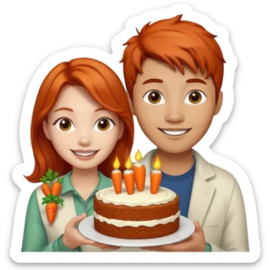 Redhead girl and Asian guy with carrot cake sticker