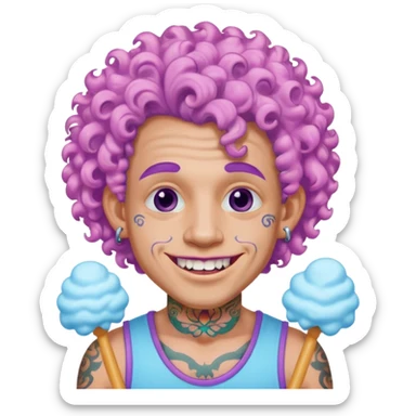 very cheerful colorful puffy violet curly haired man made out of cotton candy wearing teeth-braces and tattoos and face tattoos just face  sticker