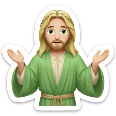 Jesus, green eyes, long blonde hair, light green wide, flowing outer robe. opening arms, gazing thoughtfully. Soft light, subtle fern. Waist-up, profile. sticker