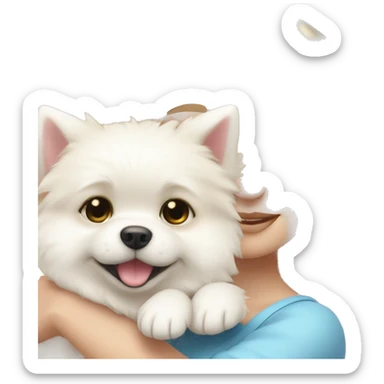 Blond girl white skin blue eyes hugging white Pomeranian with light pink bow sticker