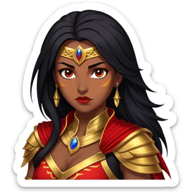 Cinematic Stunning Mulan Portrait Emoji, Fierce yet graceful, flowing raven-black hair, piercing brown eyes filled with determination, adorned in regal red and gold warrior attire, glowing with the strength and beauty of a true heroine, an elegant warrior in her prime! sticker