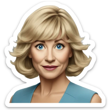 Medium length Dirty blonde voluminous hair with bangs all across forehead and sides swept away from face woman of 60 with blue eyes  sticker