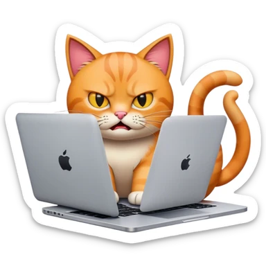 yellow angry-looking cat and Mac book sticker