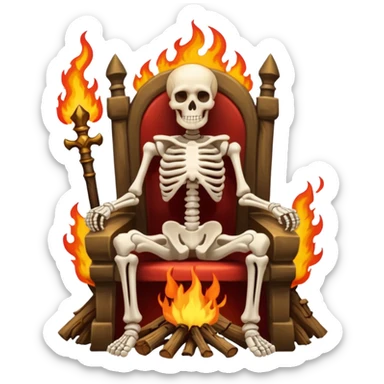 A skeleton sitting on a throne. Throne on fire around him sticker