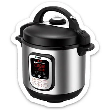 Stainless steel pressure cooker, with black gights, 3 black clamps on the cover,  under the knob sticker