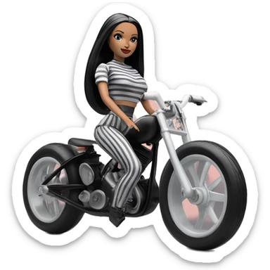 Jeffery New York Lingerie Barbie white Wednesday Addams from academy in vertically-striped gray and black outfit. Leaning back, riding a wheelie on a hot rod bike sticker