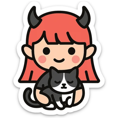 A chibi version of a character with red hair, horns, and a black and white cat, in a color outline style. sticker