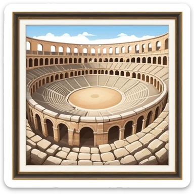 Cinematic Realistic Pula Arena Landmark Emoji, showcasing the ancient Roman amphitheater rendered with detailed weathered stone textures and dramatic lighting. sticker