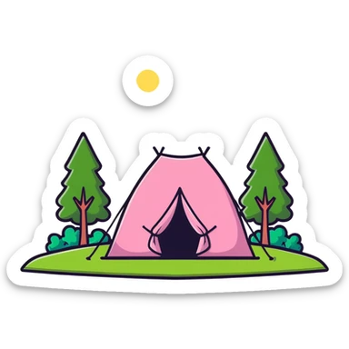 cute pink tent set up in a grassy meadow with trees sticker