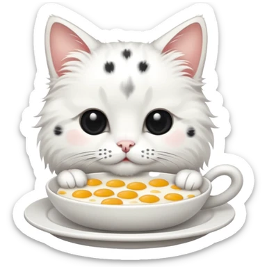  White cat with black dots eating breakfast  sticker