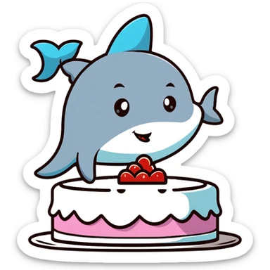 friendly shark with puckered lips kissing a decorated cake sticker