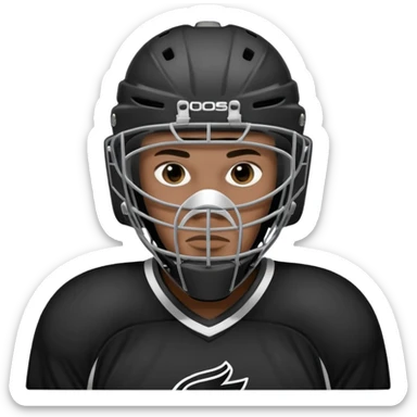Black player of  ice hockey  who have  a goalkeeper mask which have small holes  sticker
