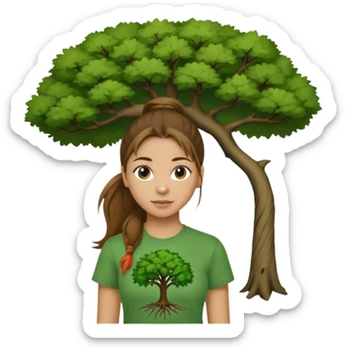 Make a zumba coach emoji, brown eyes, brown hair girl, green shirt with the "the roots" on it, longer pony tail hair, add tree logo on to the green shirt sticker