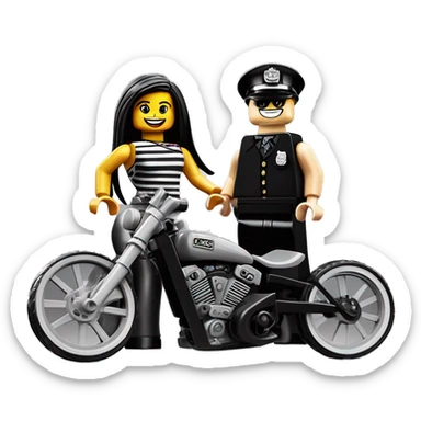 Lego, Jeffery New York Evening Gown Barbie, Wednesday Addams from academy, in vertically-striped dark-gray and black London police officer’s uniform with hat. Leaning back at the hips, riding a wheelie on a hot rod bike smiling  sticker