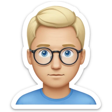 Man with blonde ponytail, round glasses and blue eye sticker