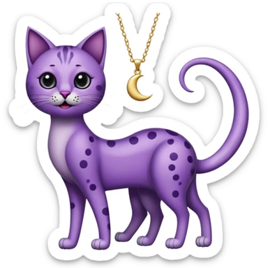 Large purple cat with very long legs, big gaping black mouth, big black eyes with a little white dot. with a crescent moon necklace and a long tail sticker